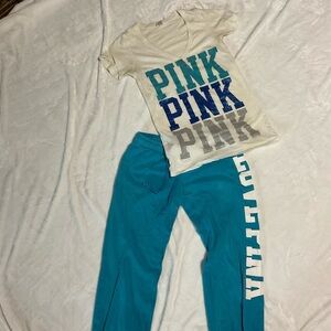 PINK Victorias Secret Graphic Tee and Blue Sweatpants Set